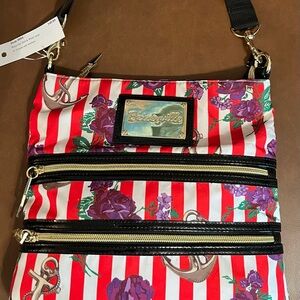 Betsey Johnson Red Striped Crossbody Bag with Purple Floral Design